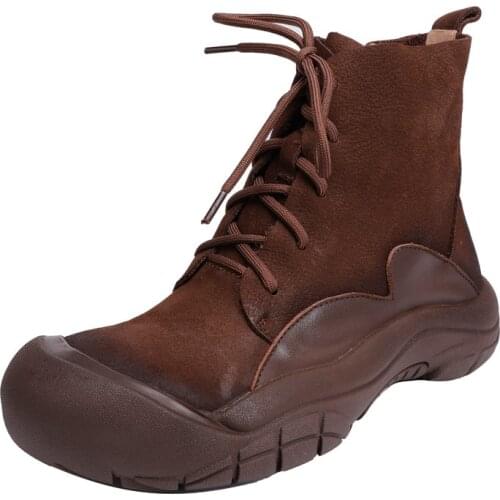 2021 Motorcycle Womens Boots Soft Genuine Leather Shoes Grey Black Botas Female Lace Up Flat Platforms Women Coffee Botas Mujer