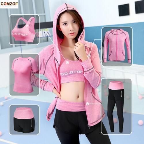 Women yoga suit 6 piece set long sleeve t shirt+bra+coats+shorts+pants quick dry fitness gym clothing outdoor sports running set