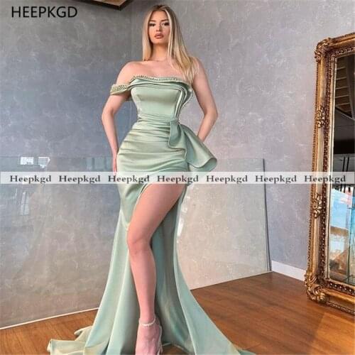 Sexy Mermaid 2021 New Evening Dress Strapless High Slit Chic Beads Satin Long Prom Party Gowns For Women Plus Size