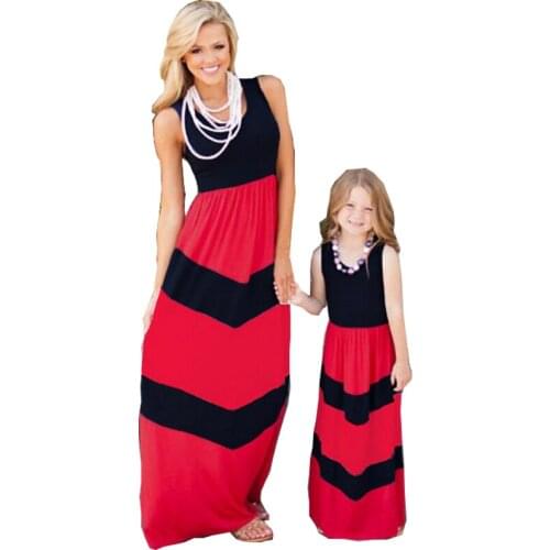 Cute Summer Sleeveless Strip Women Girl Long Dress Parent Kid High Waist Beach Sandy Robe Girl Dresses Female Elegant Vestidos