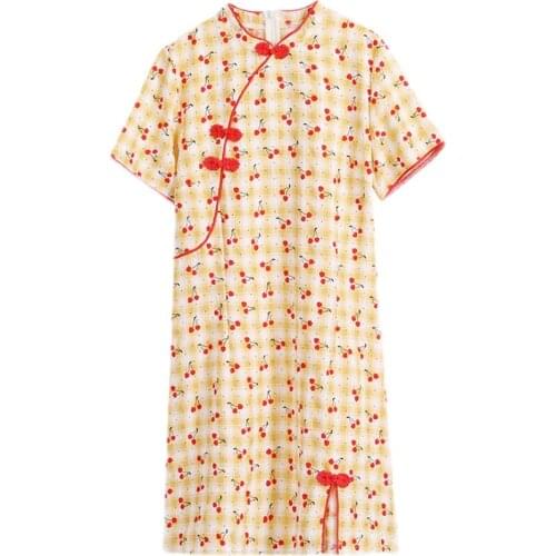 Plus Size M-4XL Cotton Linen Yellow Plaid Fashion Modern Cheongsam Dress Women Short Sleeve Qipao Traditional Chinese Clothes