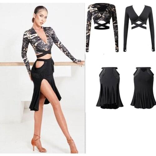 Latin Dance Dress Women Adult leopard black Latin Dance latin skirt latin top blouse long sleeve 2162