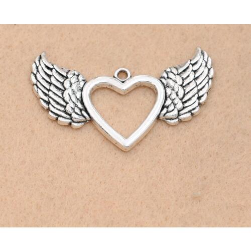 2pcs Antique Silver Plated Angel Wings Heart Charms Pendants Jewelry Making Bracelet Findings Crafts Accessories 43x25mm