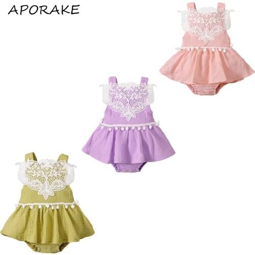 2021 0-18M Cute Baby Girl Playsuit+Headband Summer Flower Lace Square Collar Sleeveless Backless Romper Cotton Linen Clothes