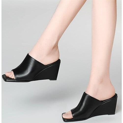 2021 Open Toe Slides Women Genuine Leather Wedges Slippers Female High Heel Platform Pumps Shoes Outdoor Roman Gladiator Sandals