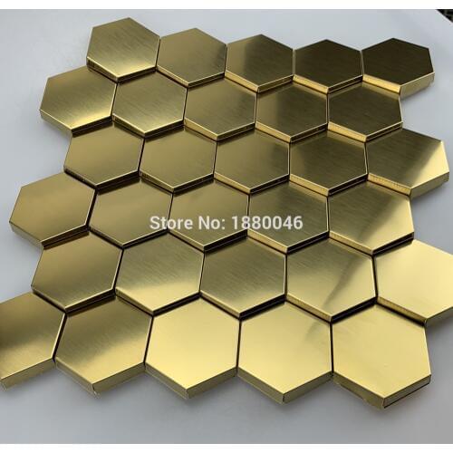 One box 11pcs Hot Sale Luxury Gold stainless steel Art 3D hexagon mosaic tile Metal Wall Panels for background wall decorative