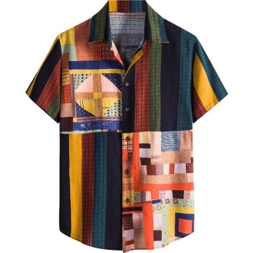 55# Fashion Beach Blouse Mens Shirts Men Hawaiian Camicias Casual Summer Printed Cotton-linen Short Sleeve Top Blouse Shirts