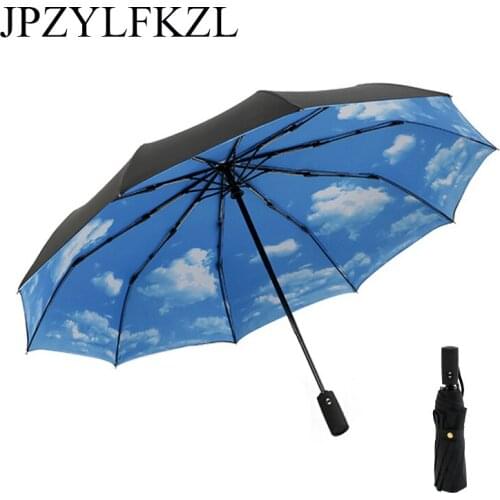 10K Double-deck Automatic Folding Umbrella Anti-UV Large Windproof umbrella rain women Three Folding Umbrella Corporationparasol