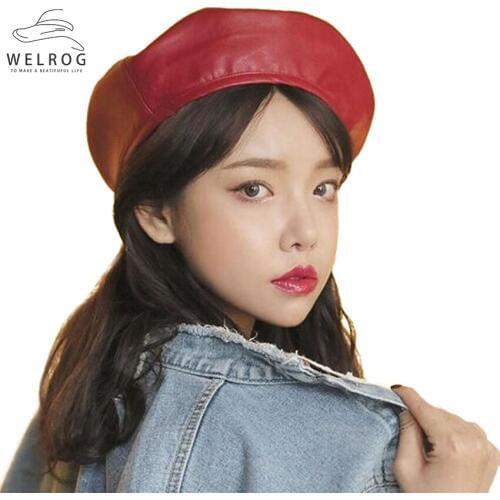 WELROG PU Leather Berets 2020 Spring Autumn Beret Hat Solid Color Wild Beret For Women Retro Beanie Caps Fashion Girls Beret Hat