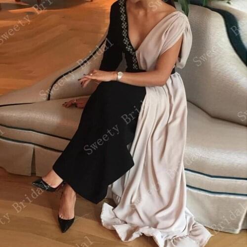 Saudi Arabia V Neck Black Evening Dresses 2021 One Shoulder Long Sleeve Muslim Dubai Formal Party Prom Gown Vestidos