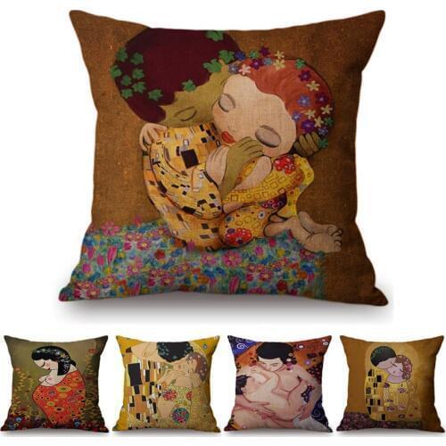 Cute Cartoon Decorative Gustav Klimt Oil Painting Throw Pillow Cover Vintage Home Decor Office Car Sofa Love Chair Cushion Cover