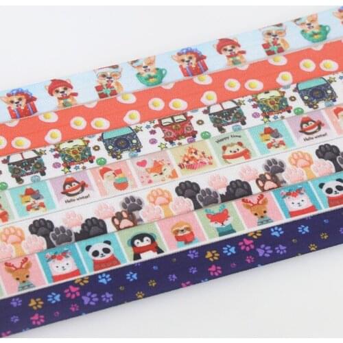 DHK 5/8'' 50yards Winter Egg cars Dog Paw printed Fold Elastic FOE stretch ribbon hairbow headwear headband DIY OEM S1416