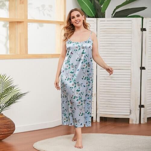 DOIB Women Floral Print Spaghetti Strap Pajamas Large Size Sleepwear Dress Loose Homewear Plus Size Nighgowns Summer Dress