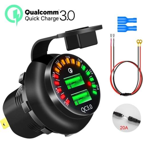 Dual USB Quick Charge 3.0 Car Charger,12V/24V 36W Waterproof Fast Charger Socket Power Outlet with Voltmeter LED Display