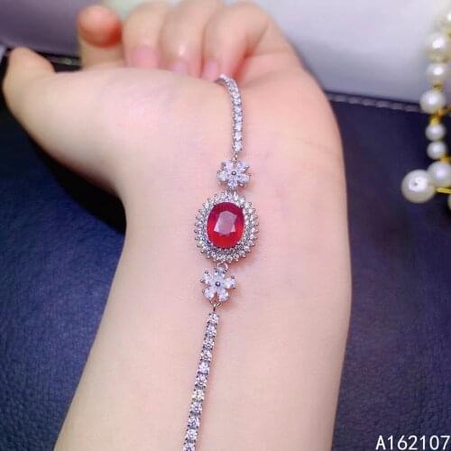 Fine Jewelry 925 Sterling Silver Inset With Natural Gemstones Womens Luxury Exquisite Plant Ruby Hand Bracelet Support Detectio