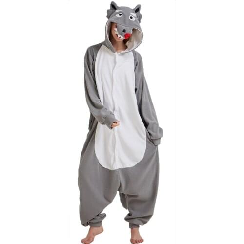 Onesies Grey Wolf Women Hooded Unisex Animal Pajamas Winter Warm Sleep Suit Couple Overall Soft Fleece Pyjamas Cartoon Onesies