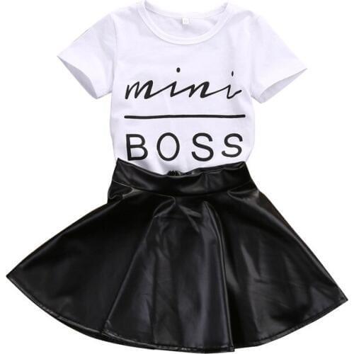 Baby Girls Clothing Set Children White Miss Boss Printed T-shirt with PU Leather Skirt 2 PCs Outfit Toddler Girls Clothes
