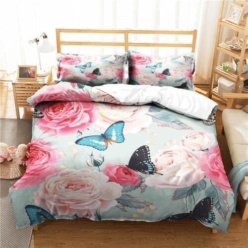 Pink Rose Flower Printed Duvet Cover Set Single Double Floral Series Bed Sets For Girls Woman Bed Linen Twin Queen King Size