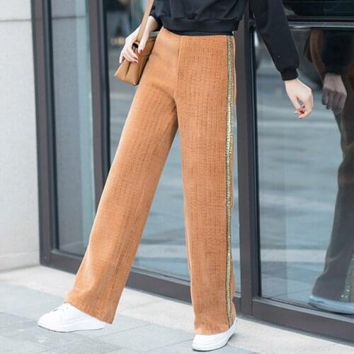 Fashion Women Golden Sequined Striped Patchwork Wide Leg Corduroy Pants , Female Woman Winter Fall High Waisted Loose Trousers
