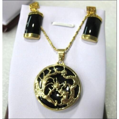 Jade bless happy/dragon pendant earrings set>>plated watch wholesale Quartz jade CZ crystal