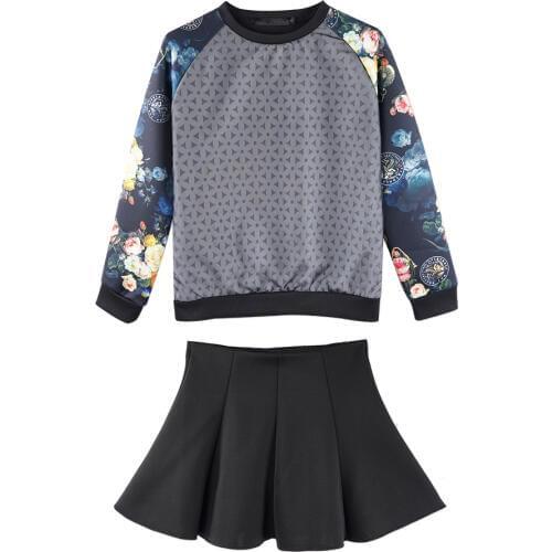 Neatie kiddie Print Fashion Women 2 Pieces Sets Sweatshirt Tops+Solid Black Ruffles Mini Skirt Sets Clothing