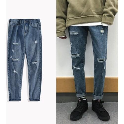 QNPQYX New Streetwear Ripped Mens Jeans Men Korean Style Trend Loose Wild Trousers Harajuku Trend Mens Hip Hop Pants