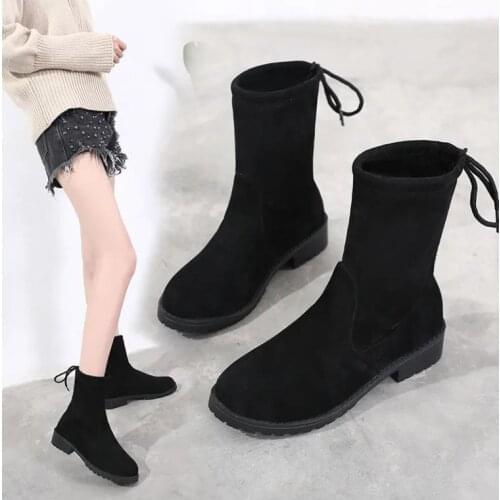 Autumn Winter New Elastic Cloth Socks Boots Female Thin Skinny Boots Thick with Rubber Flat Heel Ankle Boots Black Martin Boots