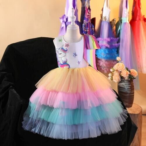 Christmas Girls Unicorn Dress 3-10 Year Baby Girl Princess Birthday Party Ball Gown 4 Color Cute Girls Unicorn Clothing Dress