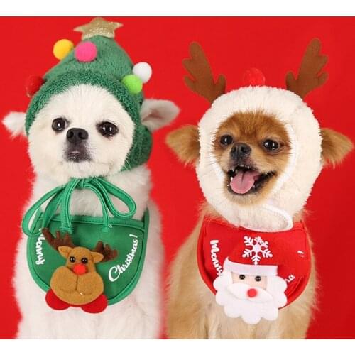 2Pcs/Set Dog Cat Christmas Cap Bib Set Green Red Pet Head-wear Cap Scarf for Dogs Winter Puppy New Year Xmas Hat Outfit Clothes