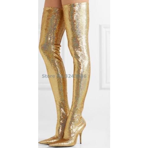 Pointed Toe Metallic Over The Knee Boots Rose Gold Silver Patent Leather Mirror Effect Stiletto Heel Long Boot Night Club Shoes
