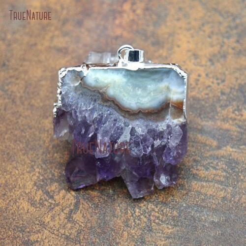 Silver Finish Amethysts Cluster Jewelry Findings Wholesale Natural Stone Single Bail For Jewelry Making In 39*36 mm PM10589