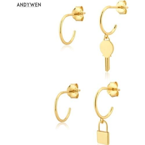 ANDYWEN 925 Sterling Silver Slim Locker Key Dangle Charm Drop Earring Piercing Pendiente Tiny Fashion Fine Jewelry Gift Clip