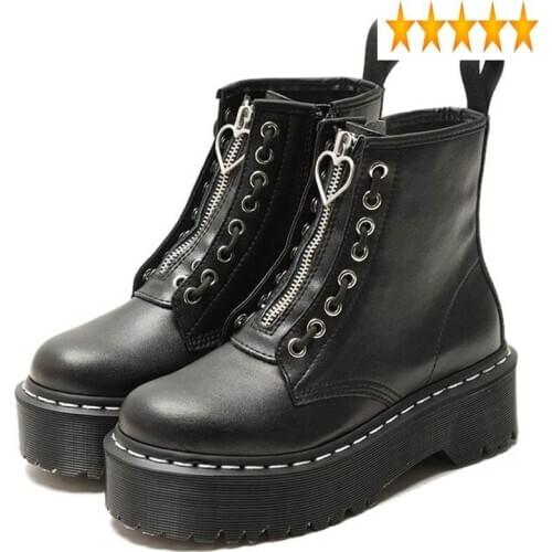 Thick Punk Women Platform Gothic Zip Motor Biker Leather Ankle Boots Preppy Footwear Block Med Heels Shoes