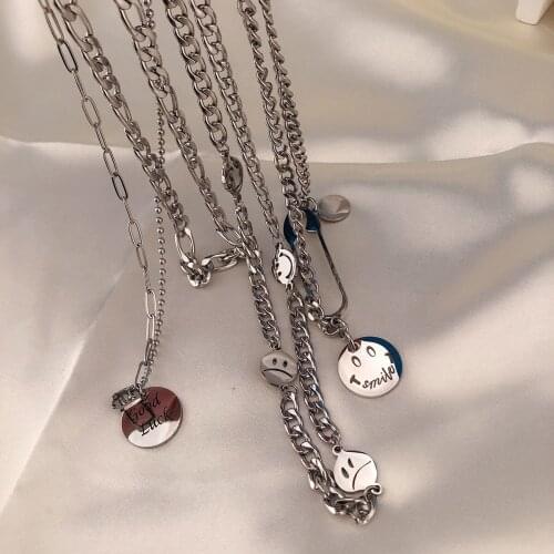 Fashion 316L Stainless Steel Vintage Multi Layer Chain Smiley Pendant Womens Necklaces For Women Jewelry Drop Shipping