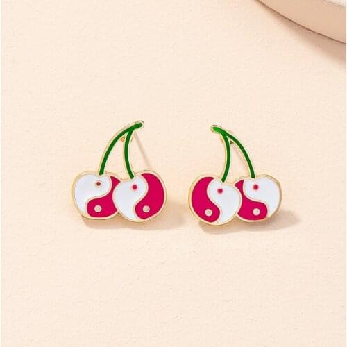 Fashion Yin Yang Earrings for Women Red Cherry Stud Earrings Simple Small Fruit Shape Ear Jewelry Accessories Gift