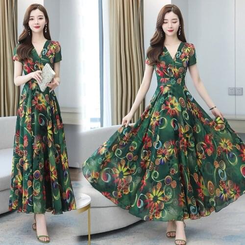 2021 Floral Chiffon Boho Midi Sundress Summer Elegant Women Bodycon Party Long Vestidos Plus Size Vintage Print Beach Maxi Dress
