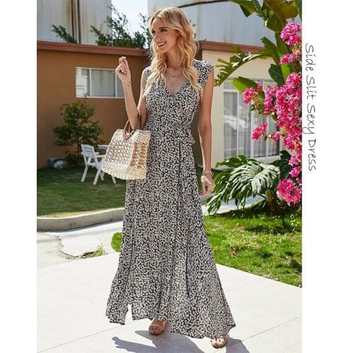 Womens Summer Dress Bohemian V-neck Digital Print Lace Beach Dress