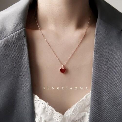 Devils Heart 925 Sterling Silver Womens Necklace Ancient Style Clavicle Agate Red Pendant Female Trendy Jewelry Accessories
