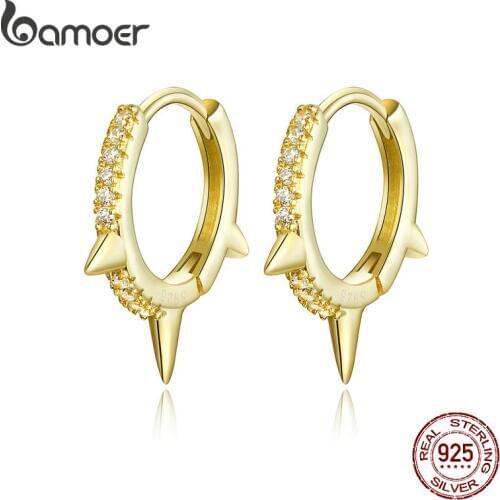 Bamoer Gold Color Punk Ear Hoops Sterling Silver 925 Gear Hoop Earrings for Women and Men Zirconia Hiphop Jewelry BSE168