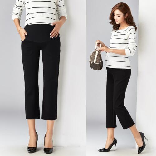 Pregnant womens pants black 9 points Straight elastic force Spring models elastic force Career office Pregnant pants