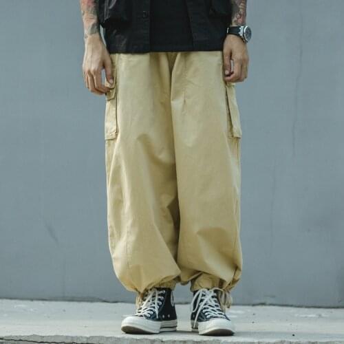 Mens Casual Cargo Pants Multi-Pocket Solid Color Straight Pant Japanese Baggy Elastic Waist Wide-leg Trousers Streetwear Autumn