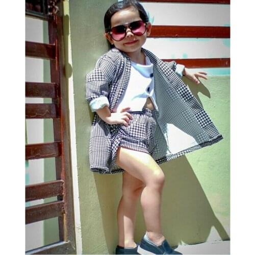 Children Girls Kids Plaid Clothes Set Long Sleeve Coats Fashion Button Crop Tops And Shorts Formal Outfit Clothes 1-6Year