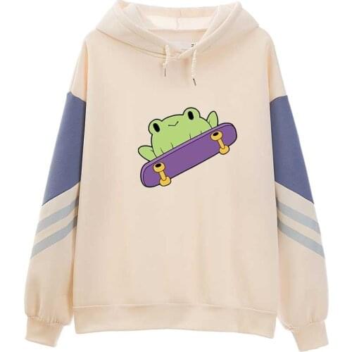 Color Block Hoodie Women Kawaii Frog Hoodie Streetwear Tracksuit Pullovers Women Vintage Oversized Cartoon Sweatshirt Kpop
