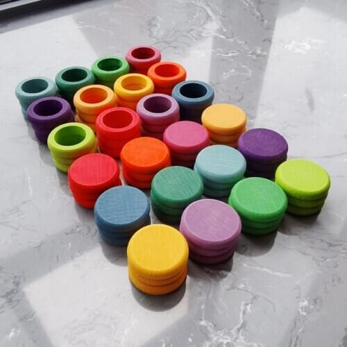 Juguetes de madera de 12 Colores para niños, monedas y anillos de arcoíris de haya, bloques apilables, piezas naturales s