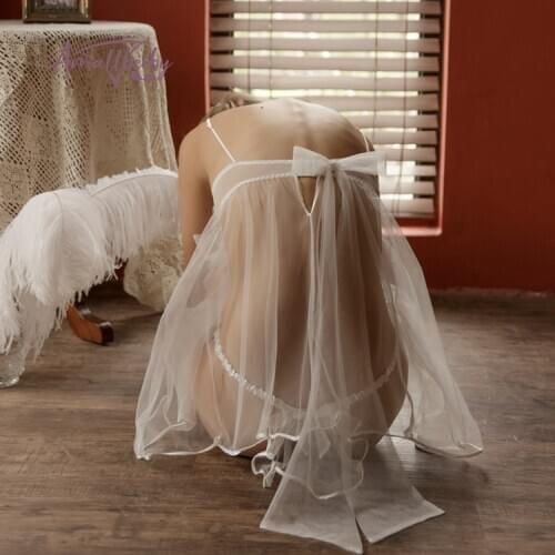 White Wedding Pajamas Sexy Lingerie Sleep Wear Woman Sleepwear Perspective Mesh Strap Nightdress + Panty Leg Ring 3 Piece Set