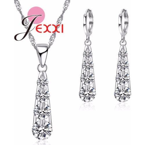 Simple CZ Paved White Crystal Jewelry Sets 925 Sterling Silver Earrings Necklace Set Elegant Women Engagement Jewelry Sets