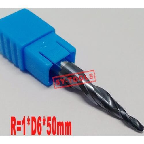 2PCS R1.0*D6*20*50L*2F HRC55 Tungsten solid carbide Coated Tapered Ball Nose End Mills taper and cone endmills