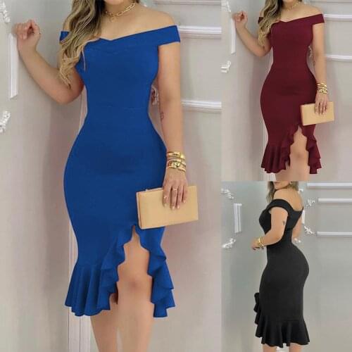 Summer Black Dress Women Ruffles Sexy Off Shoulder Split Party Dress Midi Vestidos De Fiesta Ladies Short Sleeve Slim Robe Femme