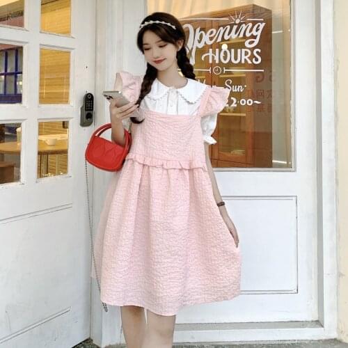 Sweet Cute Girly Strap Dress Summer High Waist Flying Sleeve Dresses Women Doll Collar White Shirt Kawaii Pink Dress 2-Piece Set