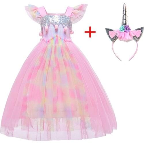 Fashion Colorful Shining Unicorn Dress Sweet Pink Princess Baby Girl Dresses Cute Party Princess Costume 3-10 Years Kids Clothes